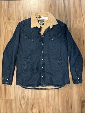 Taylor Stitch Blue Denim Western Shirt Jacket with Sherpa Lining Washed Indigo